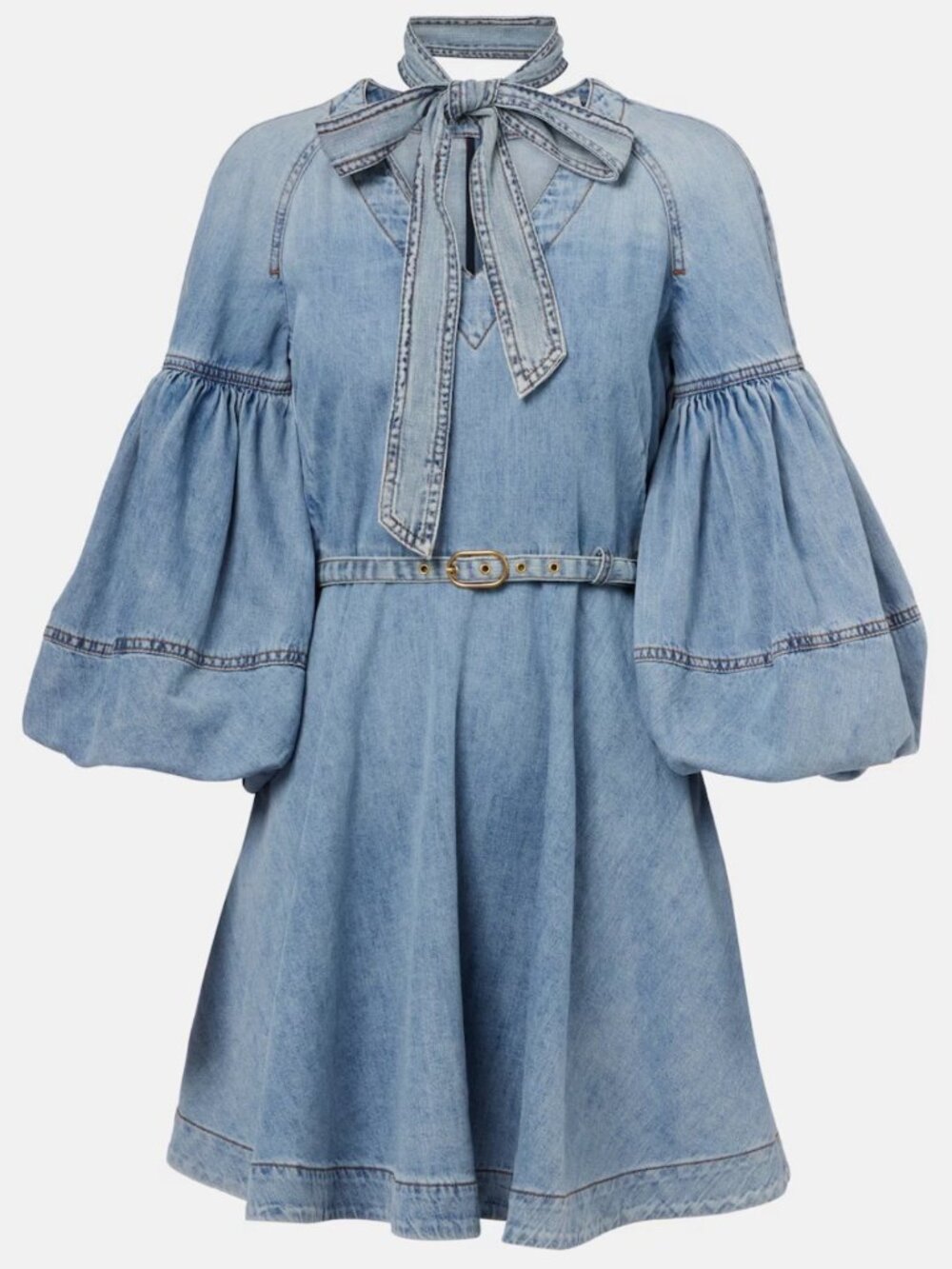 Zimmermann Tie-neck puff-sleeve denim minidress
